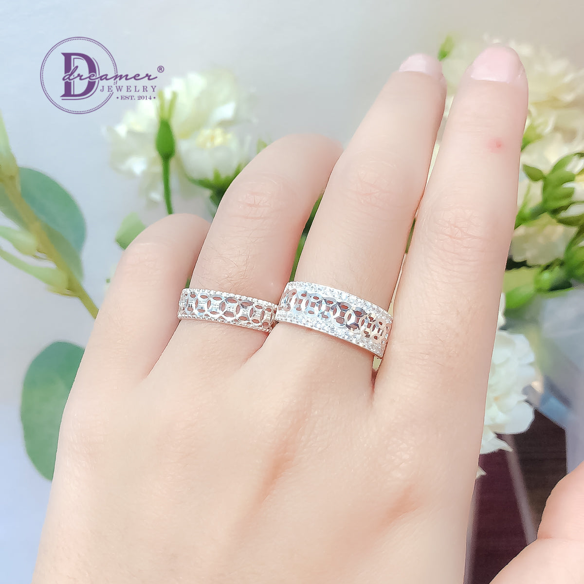 Nhẫn Kim Tiền Bản 8mm 2 Line Đá & Đồng Tiền Móc Máy Giữa - Lucky Coin Silver Ring 2660NH
