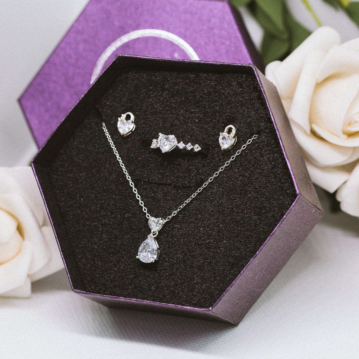 Bộ Trang Sức Bạc Cao Cấp 925 💜 Bộ Trang Sức Đá Trái Tim