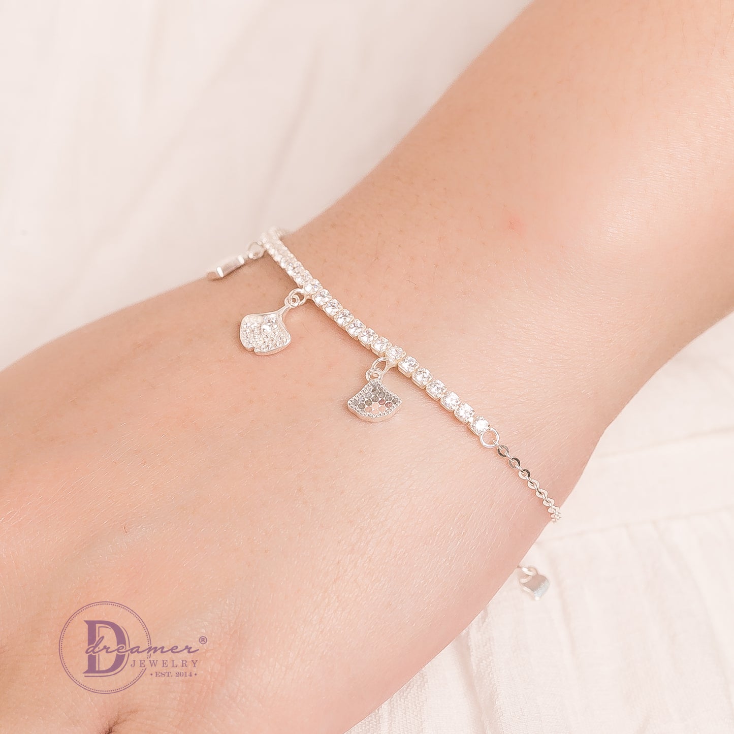 Lắc Tay 3 Lá Ginko Tòn Ten 1 Hàng Đá Lấp Lánh - Ginko Leaf Silver Bracelet