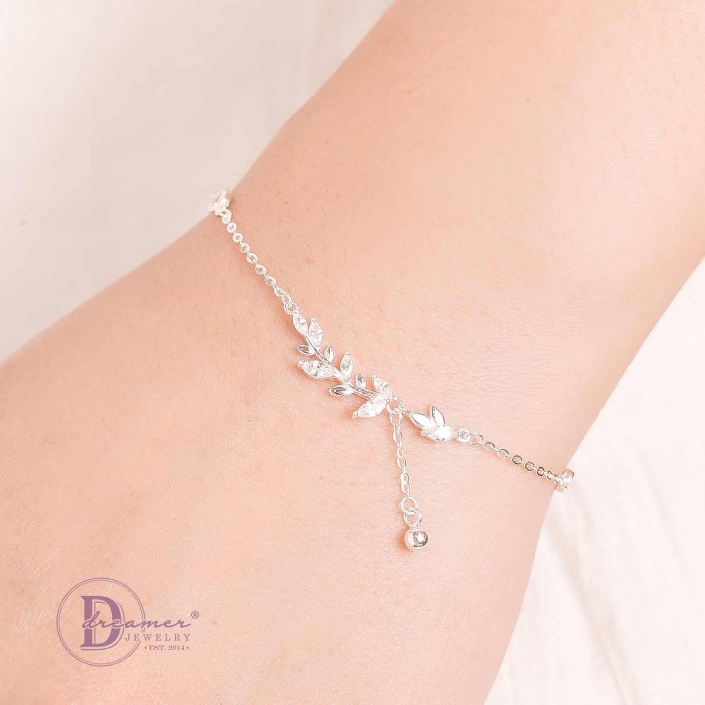 Lắc Tay 2 Lá Đính Đá Xích Tòn Ten Bi Bạc - Double Olive Leaf Silver Bracelet