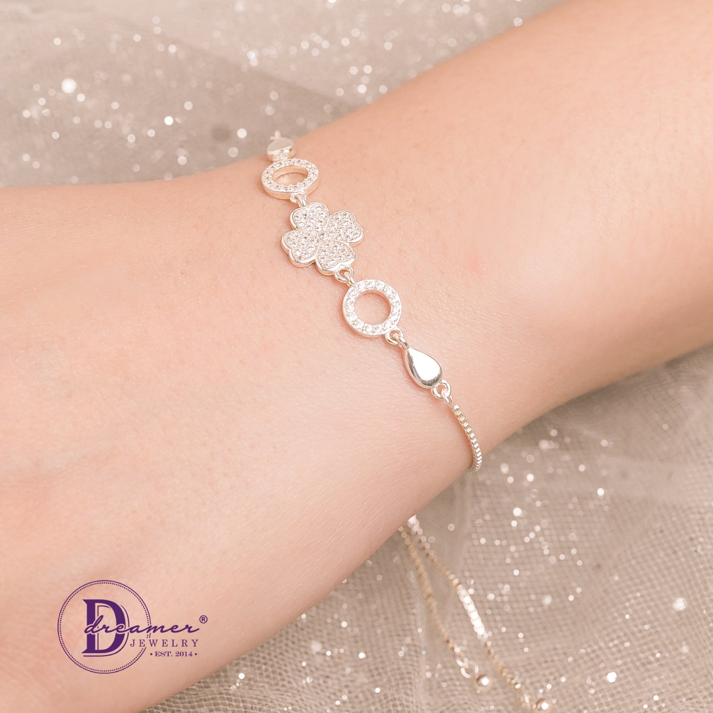 Vòng Tay Dây Rút Cỏ 4 Lá Đính Đá & 2 Line Tròn - Lucky Flower Stone Freesize Silver Bracelet 1324VTH