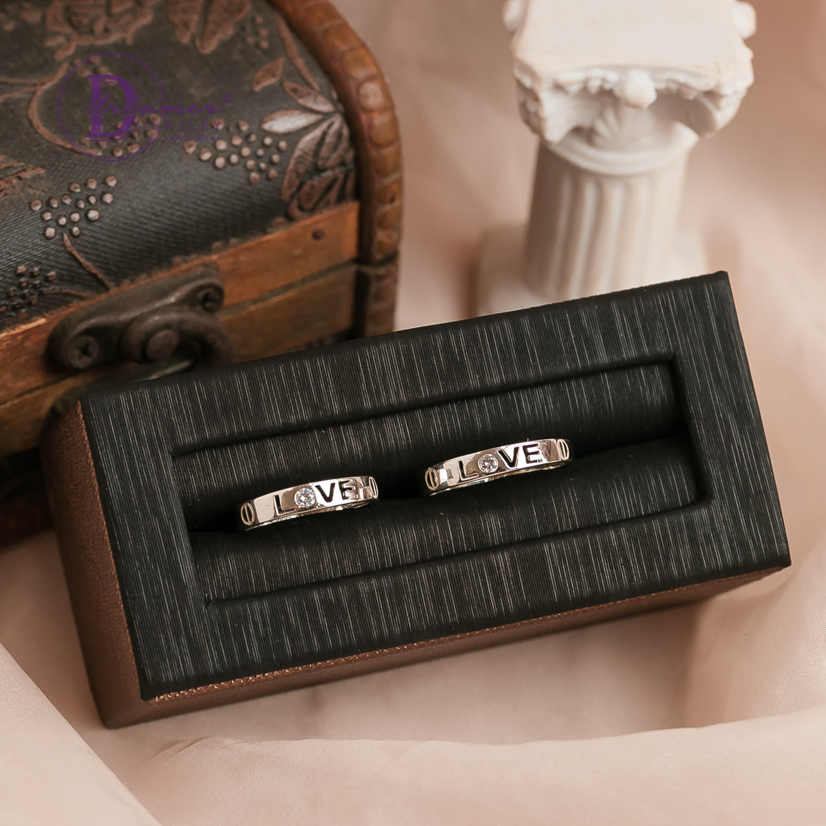 Nhẫn Đôi chữ LOVE đá trắng tròn - Couple Rings 2137NH