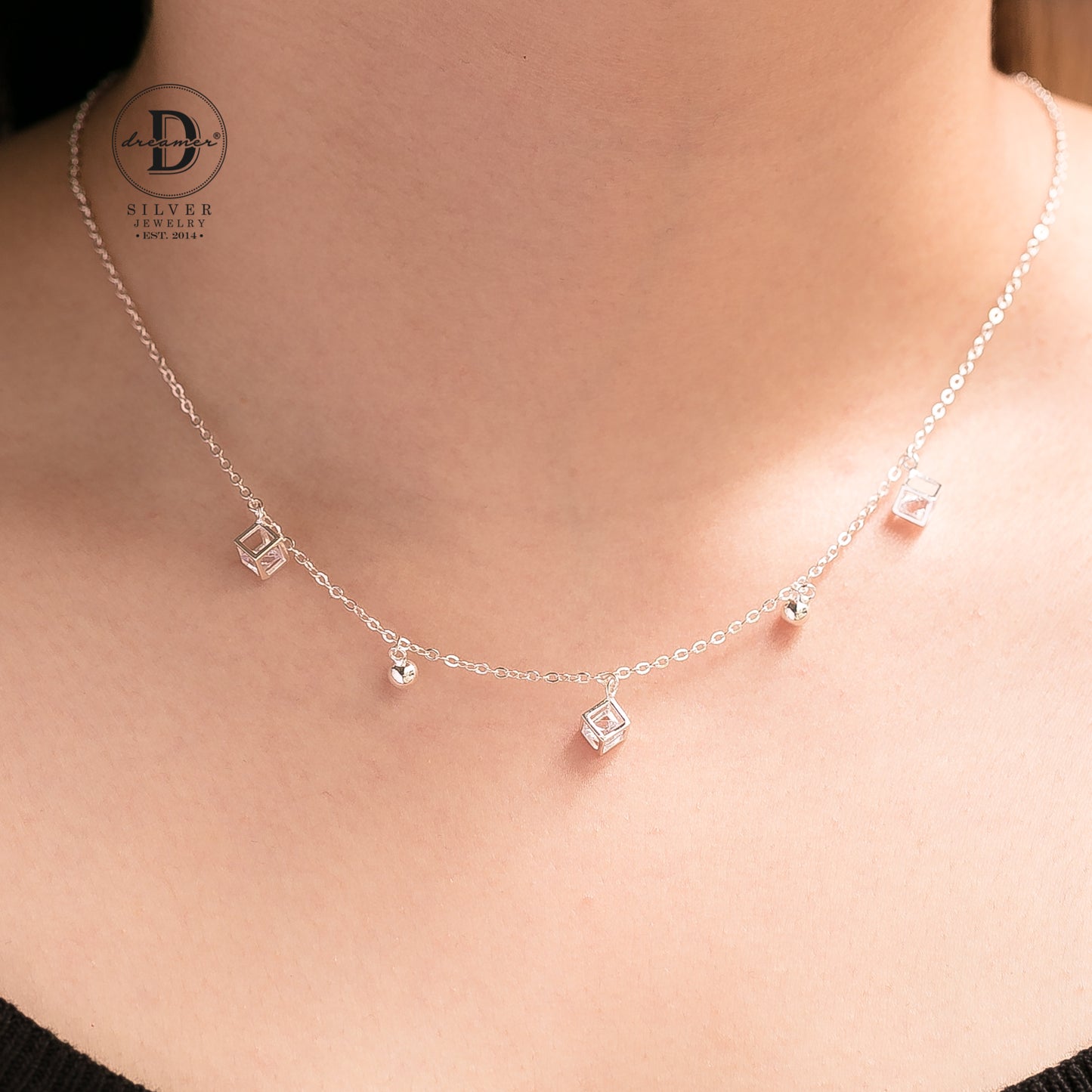 Cube Box Square 925 Sterling Silver Necklace Pendant with White Cubic Zirconia Stone.