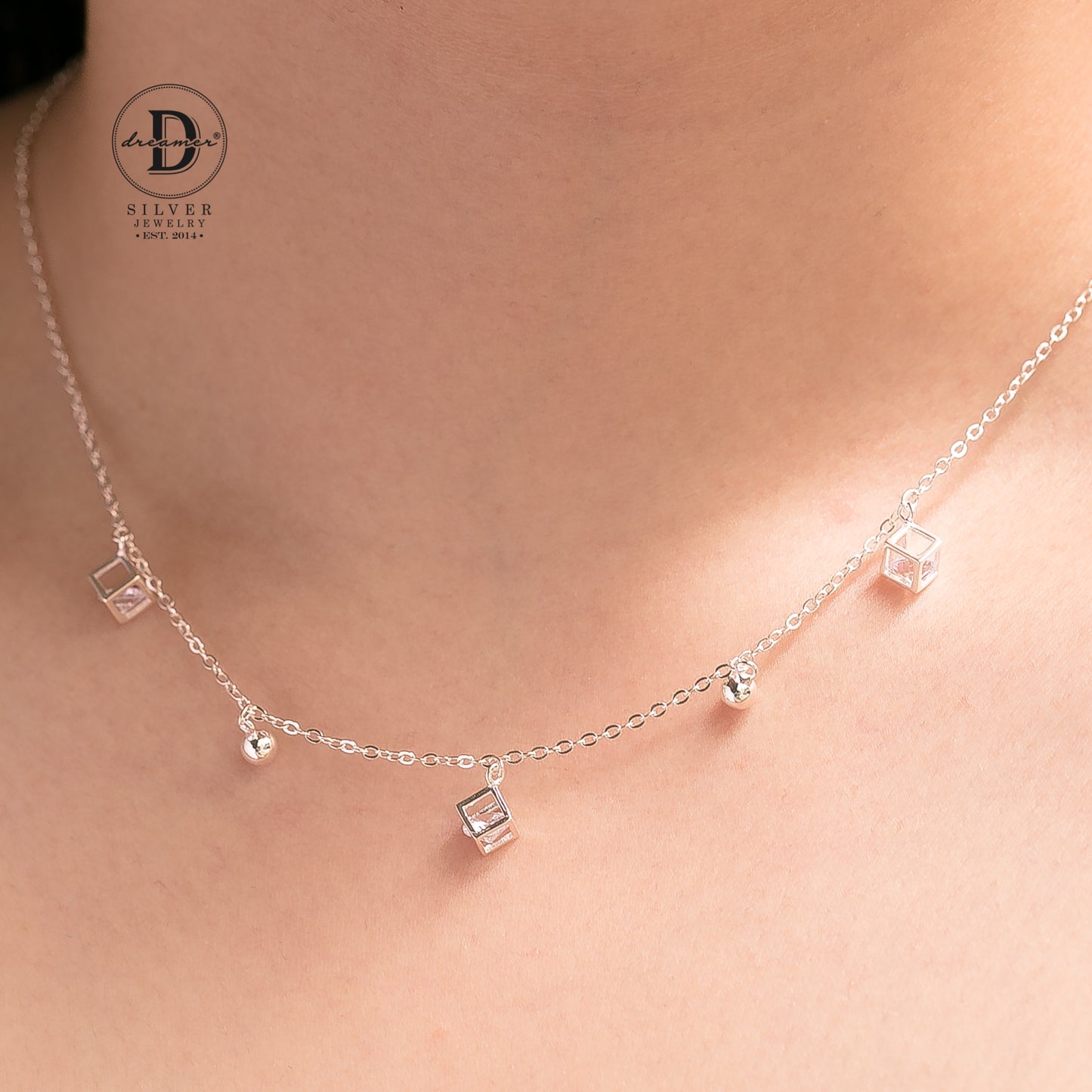 Cube Box Square 925 Sterling Silver Necklace Pendant with White Cubic Zirconia Stone.