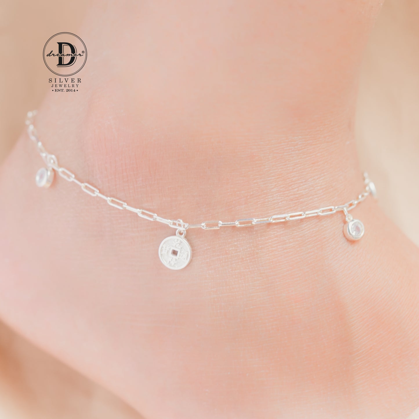 Lắc Chân 3 Lucky Coins & 2 White Stones - 3 Đồng Xu May Mắn Silver Anklet - 507LCH