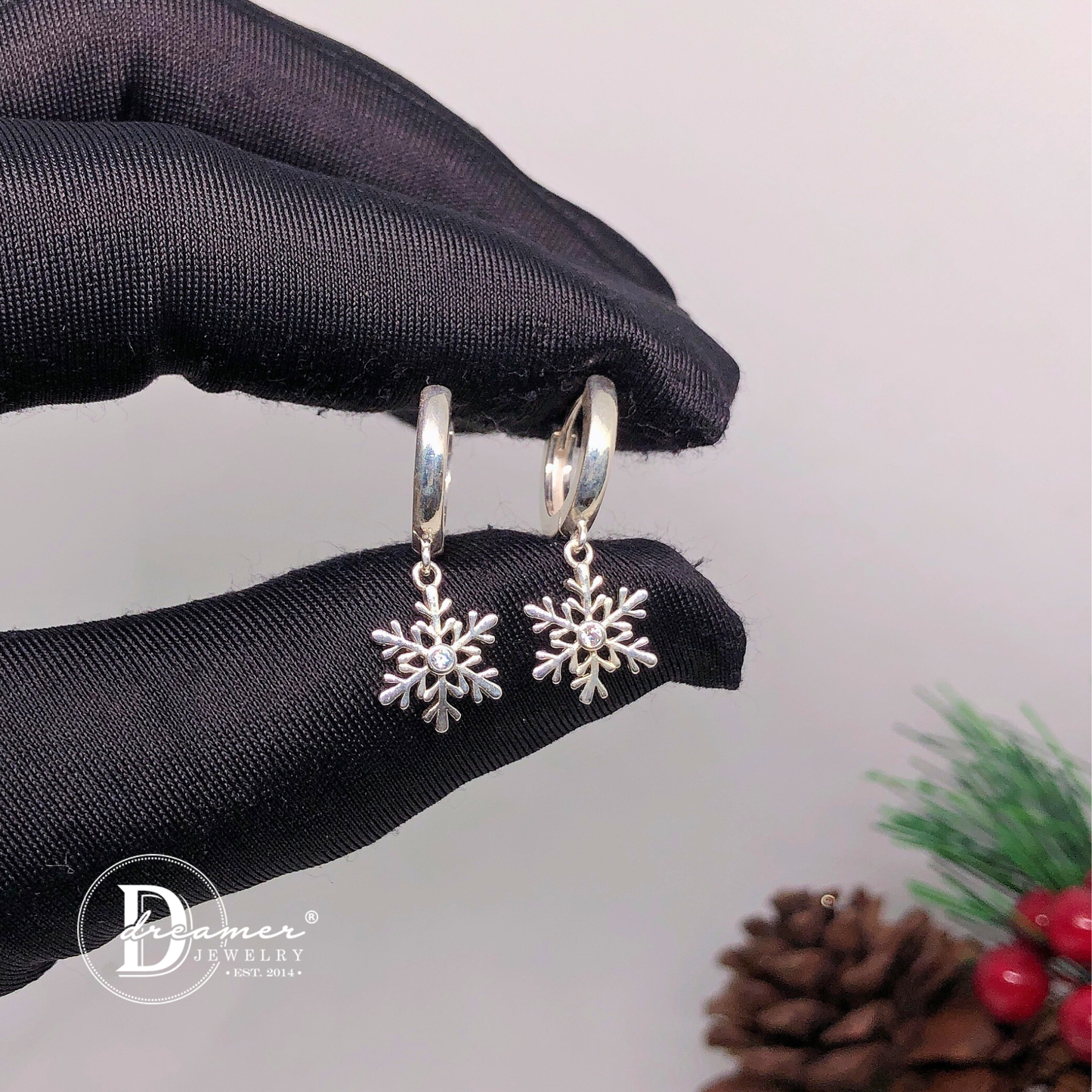 Bông Tai Khoen Bạc 925 Tòn Ten Kiểu Hoa Tuyết - Snowflake Silver Hoops Earrings - 2873BTH