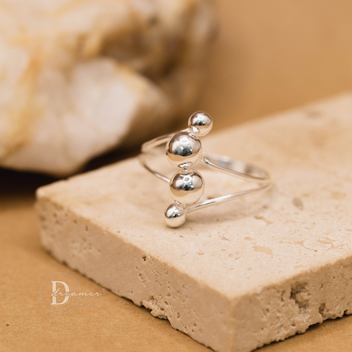 Adjustable 4 Silver Bead Minimalist Ring – Sterling Silver 925