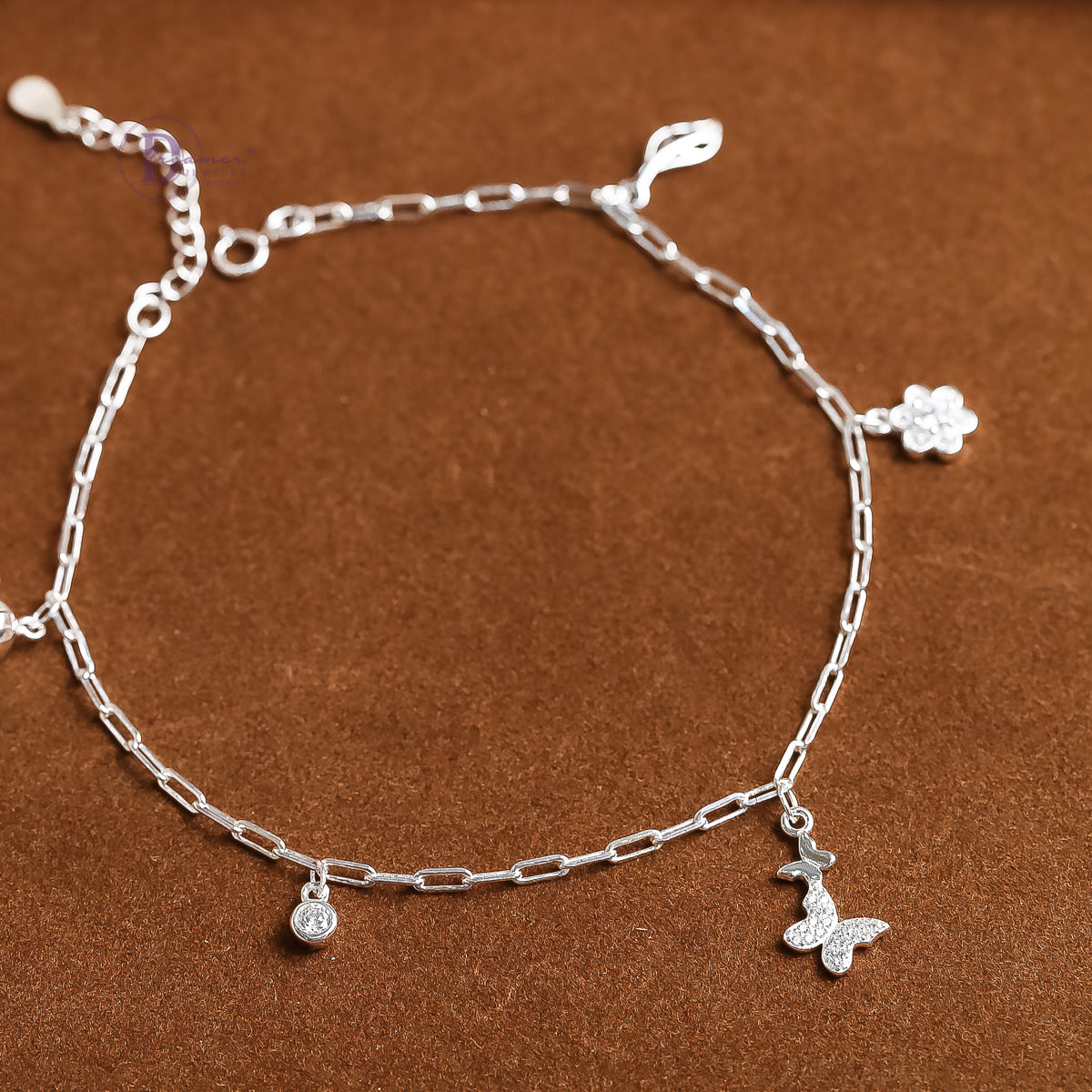 Lắc Chân Kiểu Dây Xích Charm Bướm, Hoa, Chuông, Đá Bạc 925 - Charms Silver Anklet For Summer DLC005