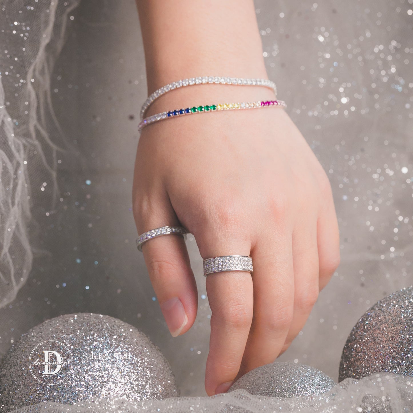Lắc Tay Tennis Đá 7 Màu - Rainbow Tennis Silver Bracelet