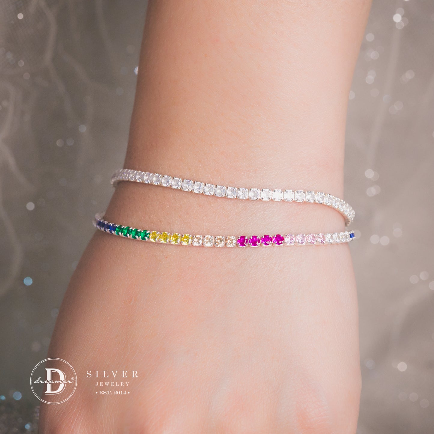 Lắc Tay Tennis Đá 7 Màu - Rainbow Tennis Silver Bracelet