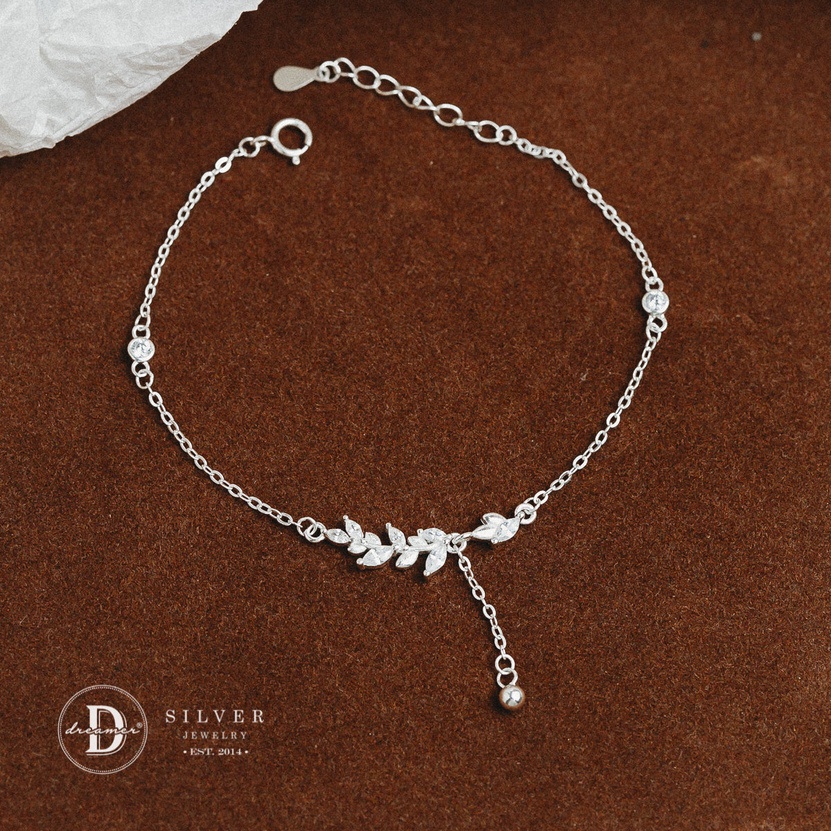 Lắc Tay Lá Olive Đính Đá - Olive Leaf Bracelet Sterling Silver
