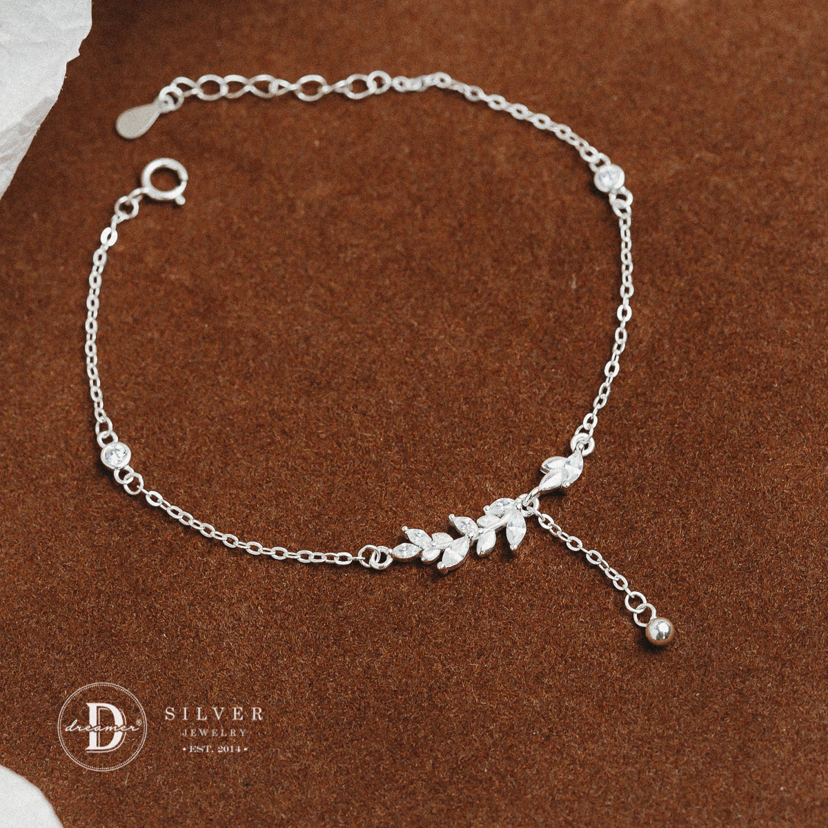 Lắc Tay Lá Olive Đính Đá - Olive Leaf Bracelet Sterling Silver