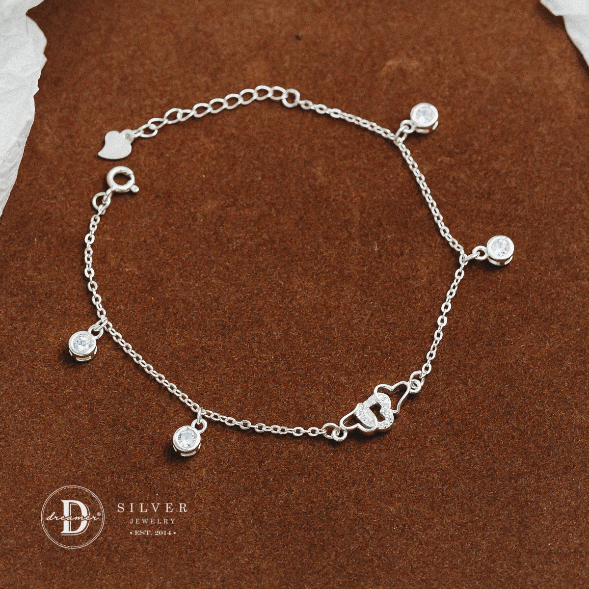 Lắc Tay Trái Tim Đôi & 4 Viên Đá - Sparkling Heart Sterling Silver Bracelet DVT020