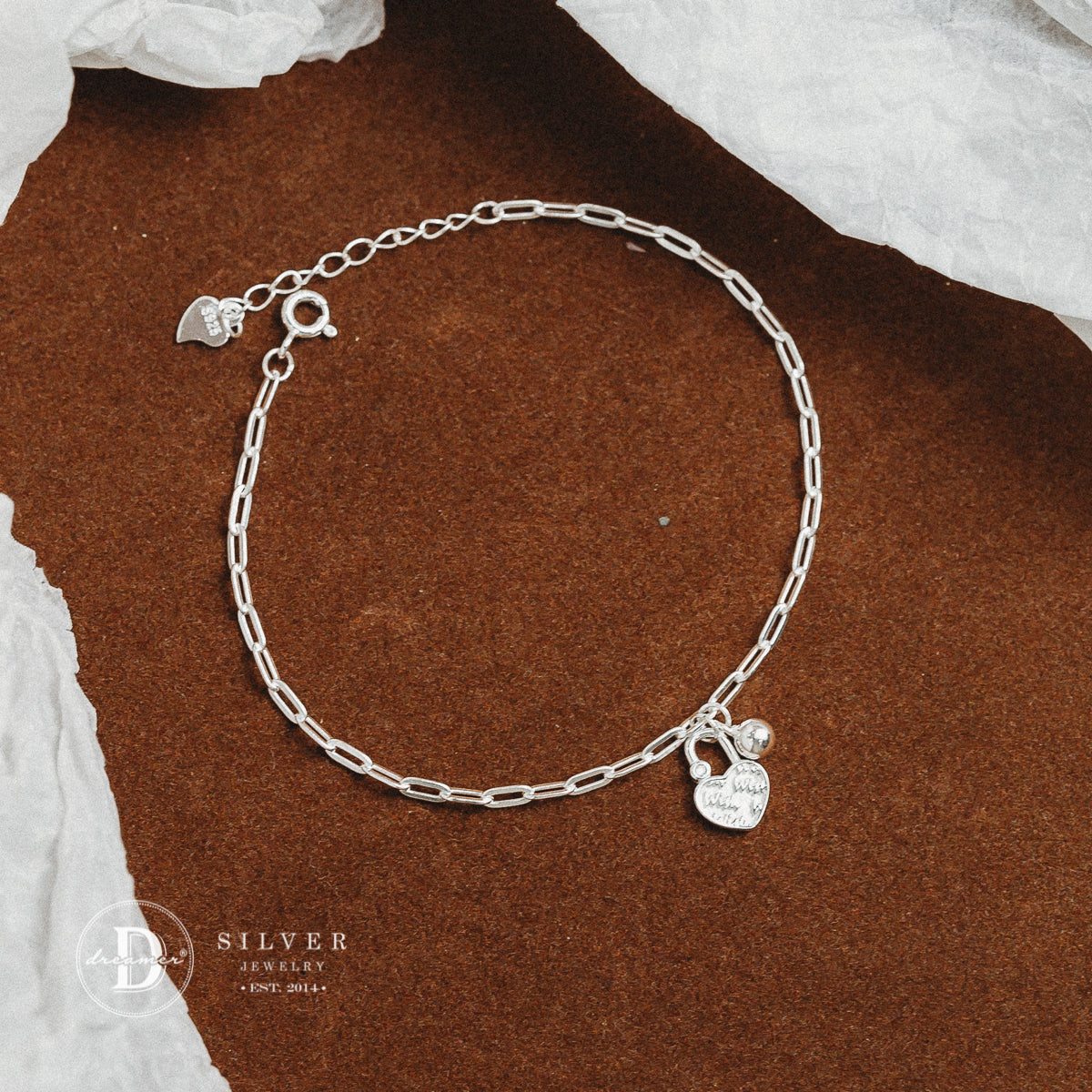 Lắc Tay Charm Ổ Khoá Trái Tim & Chuông Dây Xích Oval - Heart Lock & Bell Sterling Silver Bracelet DVT019