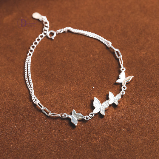 Lắc Tay Bạc 4 Bướm Cánh Nhọn & Xích Tròn 2 Dây - Sparkling Butterfly Layer Chain Sterling Bracelet DVT033