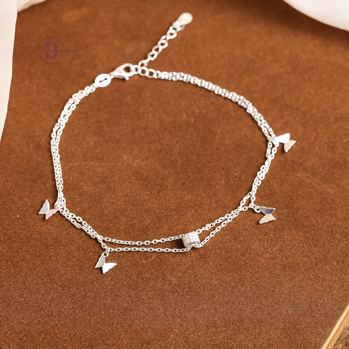 Lắc Chân Kiểu 2 Dây Charm Bướm Đính Đá Bạc 925 - Butterfly Silver Anklet For Summer DLC004