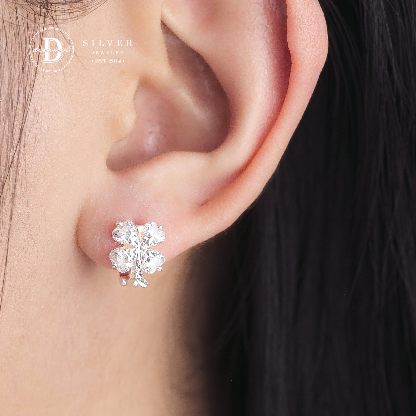 Bông Tai Khoen Gài Premium Cỏ 4 Lá Đính Đá Trái Tim - Heart Stone Lucky Flower Silver Earrings