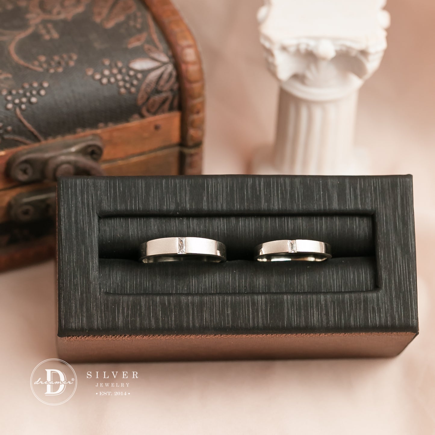 Nhẫn Cặp 1 Viên Đá Chữ Nhật & Bề Mặt Nhám - Sand Texture Sterling Silver Couple Rings 2683NH