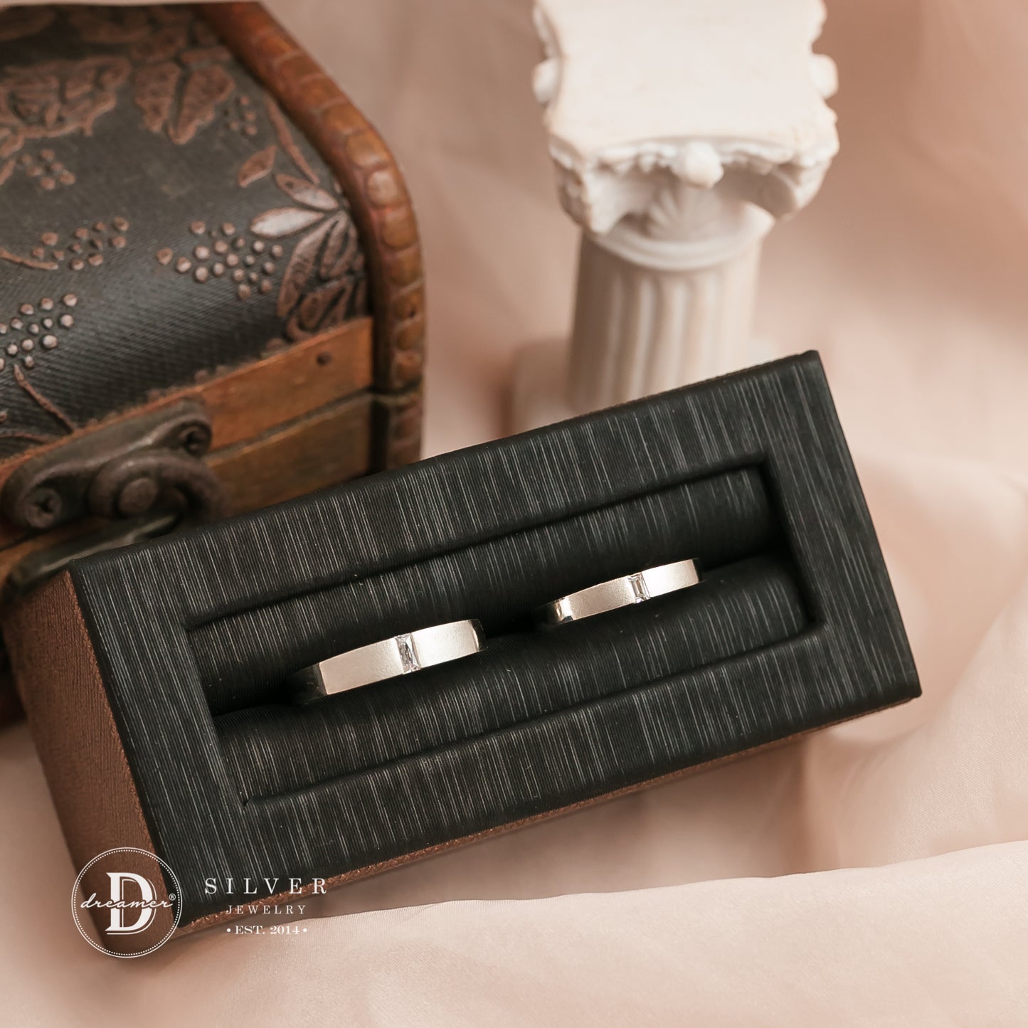 Nhẫn Cặp 1 Viên Đá Chữ Nhật & Bề Mặt Nhám - Sand Texture Sterling Silver Couple Rings 2683NH