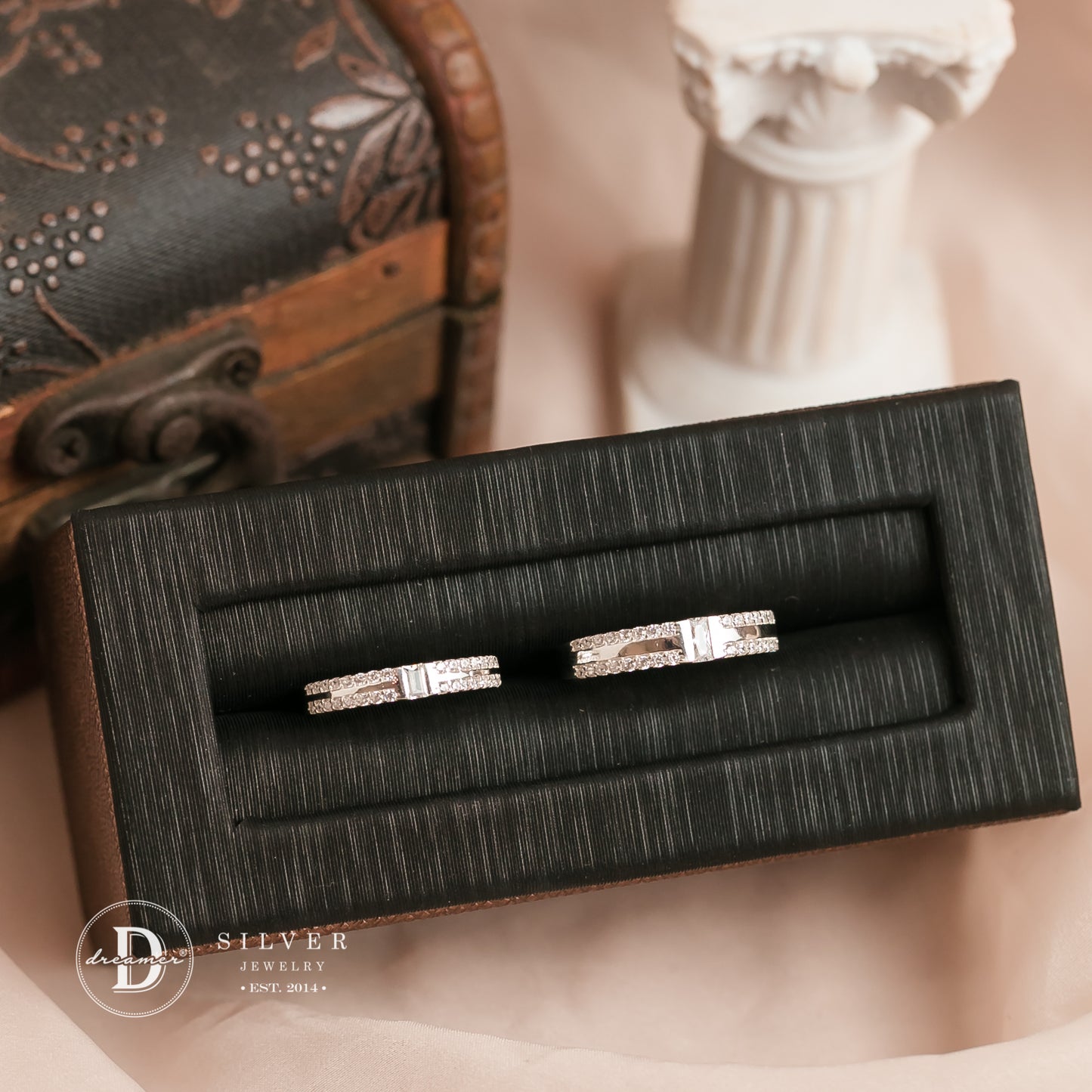 Nhẫn Cặp Bản 2 Line Đá & 1 Viên Đá Chữ Nhật - Sterling Silver Couple Rings - 2684NH