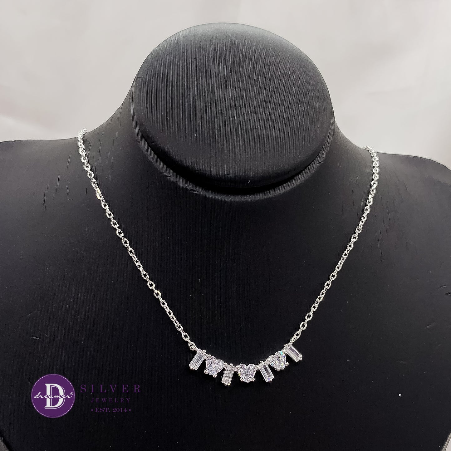 Dây Chuyền Đá Trái Tim và Đá Baguette Thanh Lịch - Elegant Heart Stones Necklace Sterling Silver 1217DCH