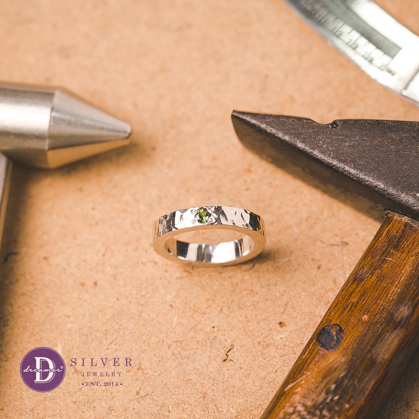 Handmade Sterling Silver Sapphire Hammer Band Ring