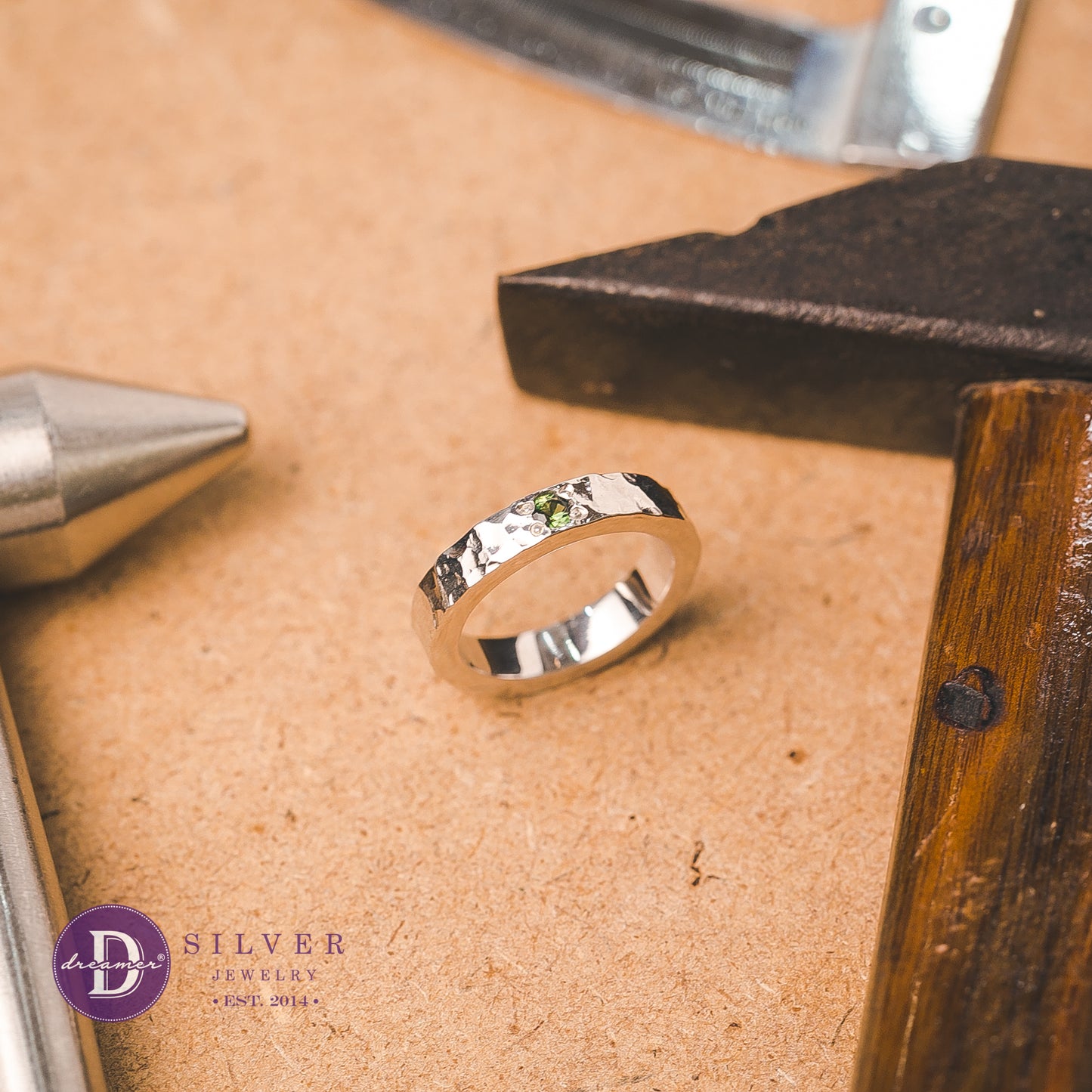 Handmade Sterling Silver Sapphire Hammer Band Ring