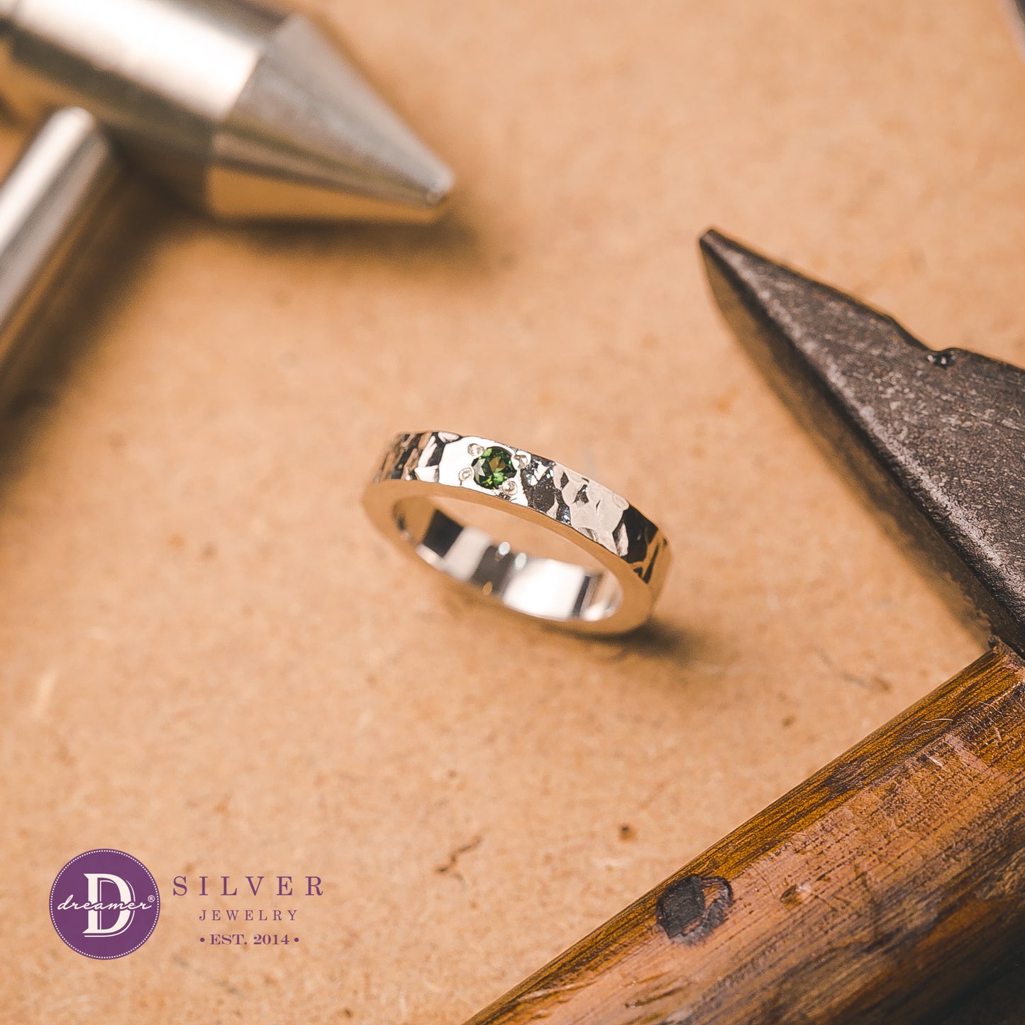 Handmade Sterling Silver Sapphire Hammer Band Ring