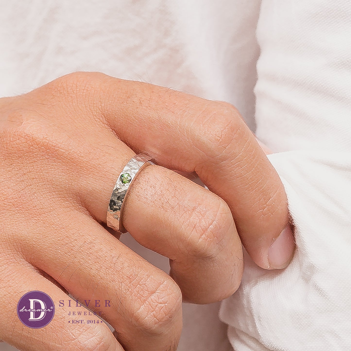 Handmade Sterling Silver Sapphire Hammer Band Ring