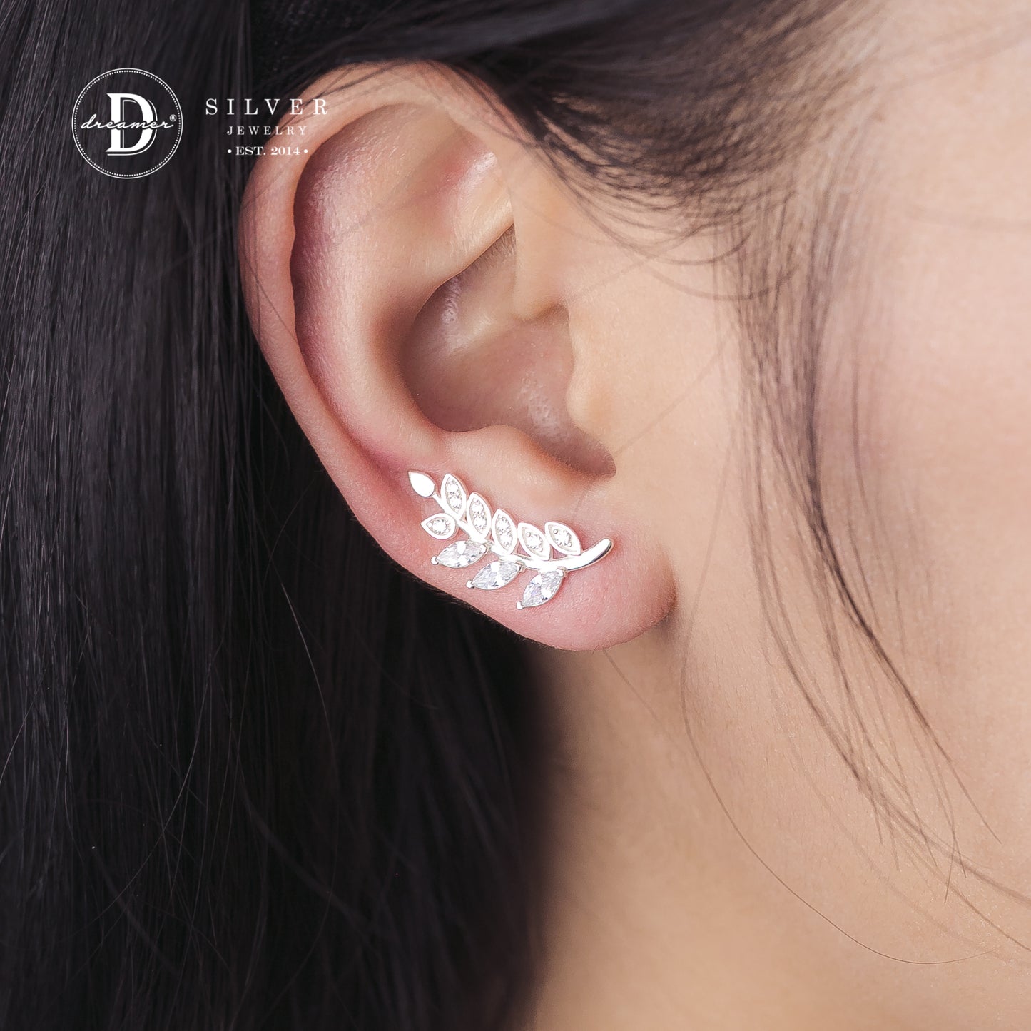 Bông Tai Earclimber Lá Olive Đính Đá - Olive Leaf Earclimbers Earrings