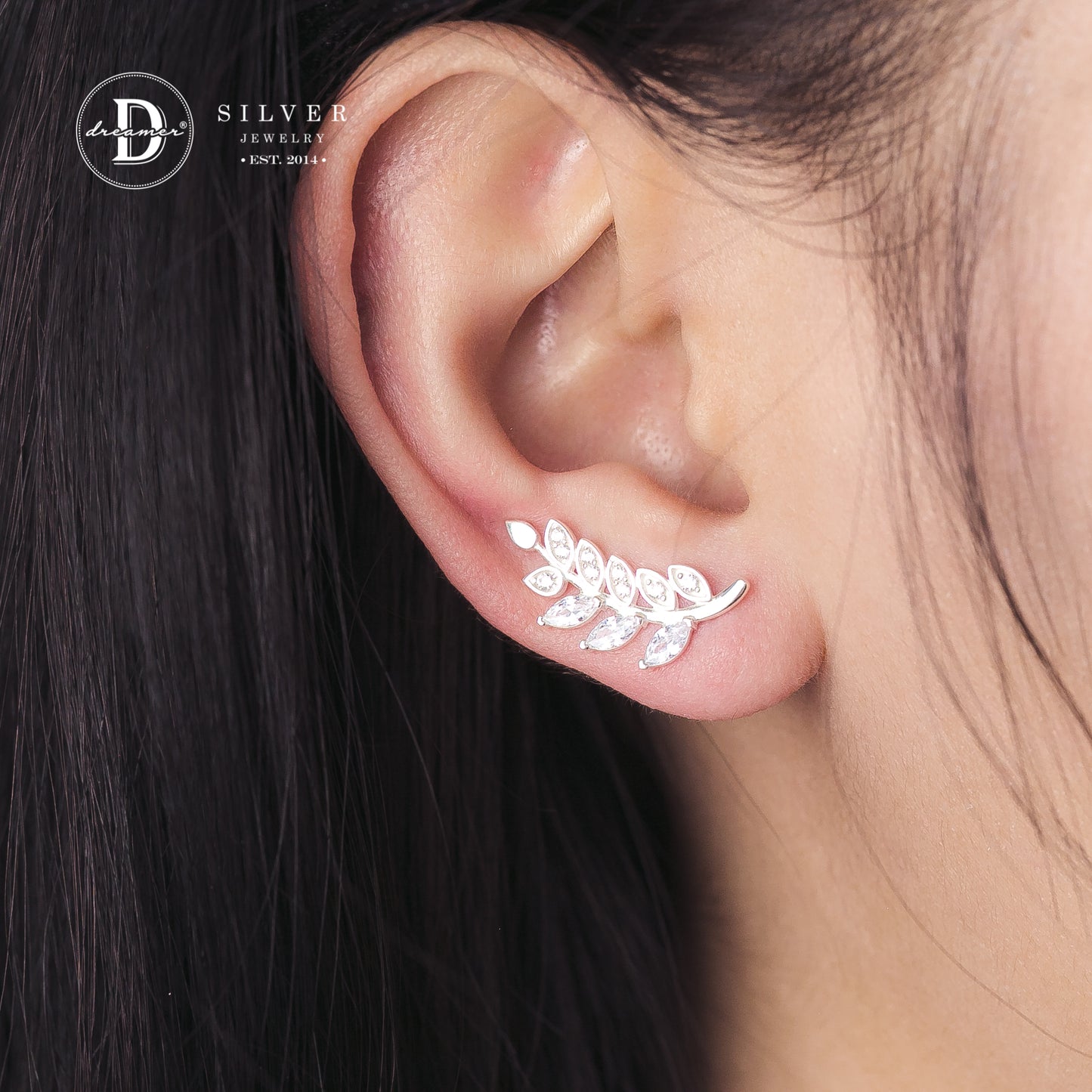 Bông Tai Earclimber Lá Olive Đính Đá - Olive Leaf Earclimbers Earrings