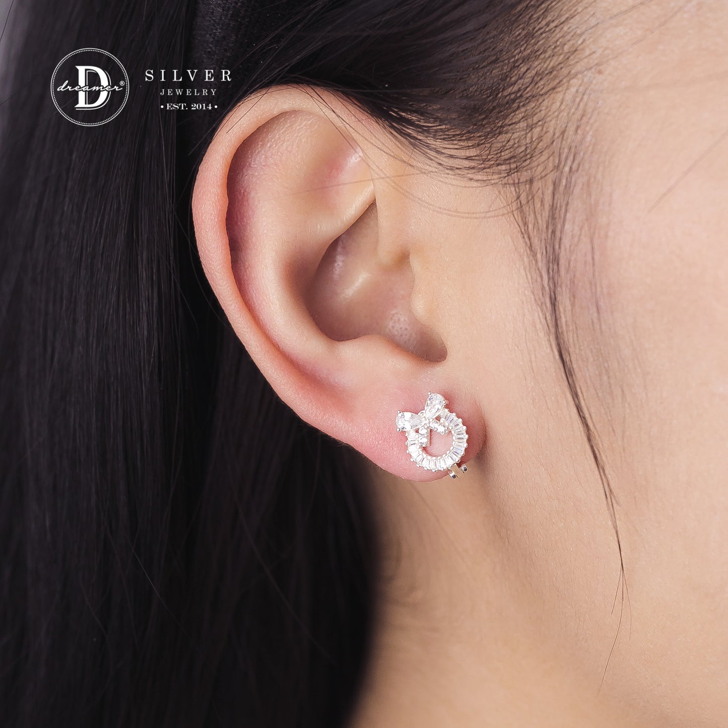 Bông Tai Khoen Gài Nơ Vòng Tròn Đá Baguette - Baguette Stone Bow Silver Earrings
