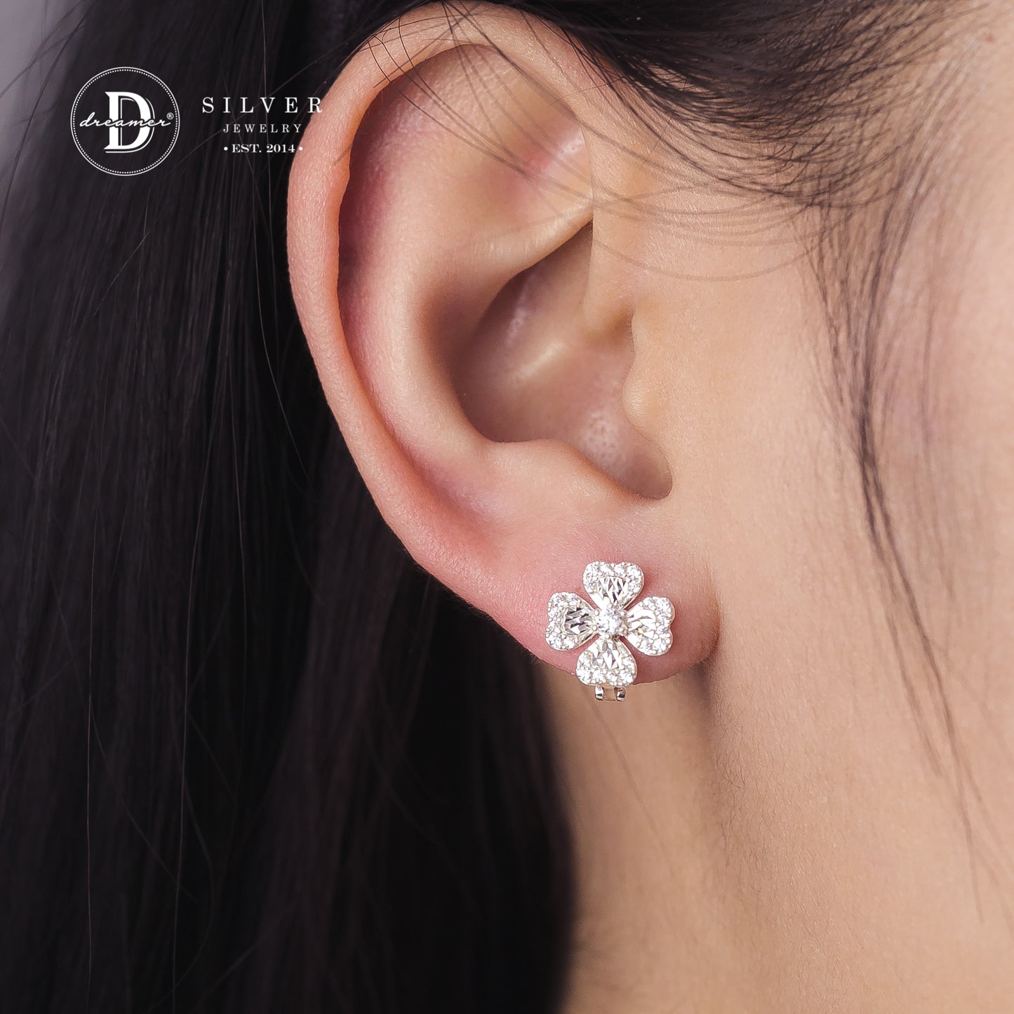 Bông Tai Khoen Gài Cỏ 4 Lá Đính Line Đá - Lucky Flower Silver Earrings