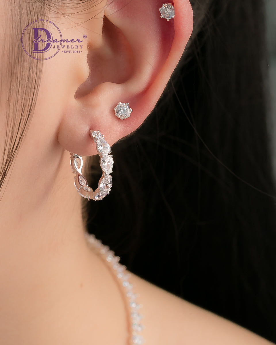 Bông Tai Khoen Premium Line Đá Giọt Nước 23mm - Pear Stone Line Silver Hoops Earrings