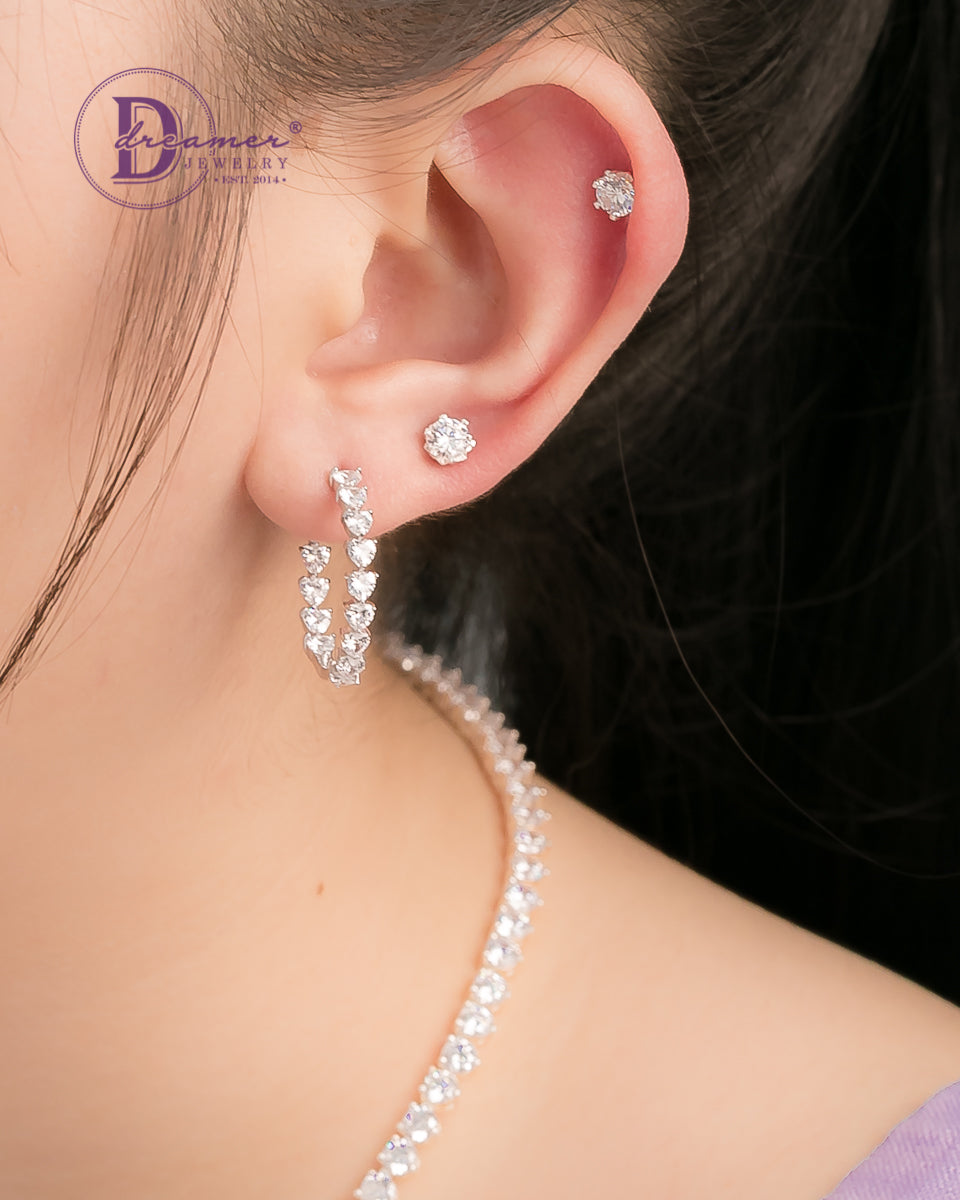 Bông Tai Khoen Premium Line Đá Trái Tim 20mm - Heart Stone Line Silver Hoops Earrings