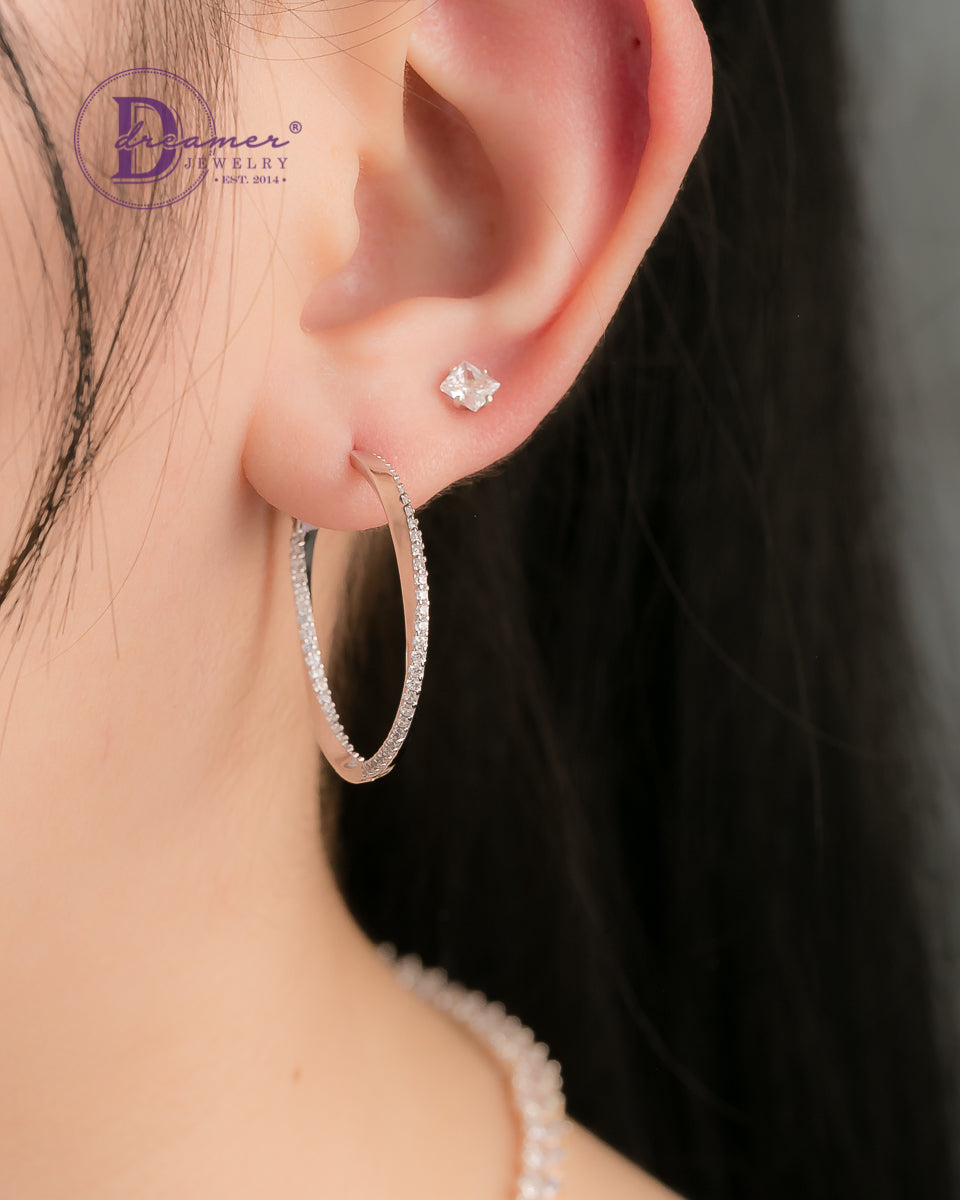 Bông Tai Khoen Premium Vuông Bản Đính Đá Xoắn Khoen Bấm 29mm - Twist Stone Line Square Silver Hoops Earrings