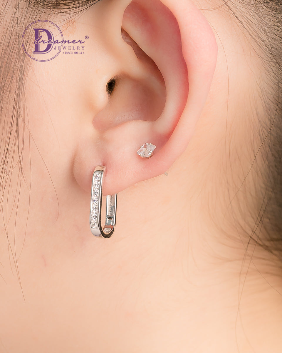 Bông Tai Khoen Premium Chữ Nhật Bo Tròn Đá Baguette 19mm - Baguette Rectangle Silver Hoops Earrings