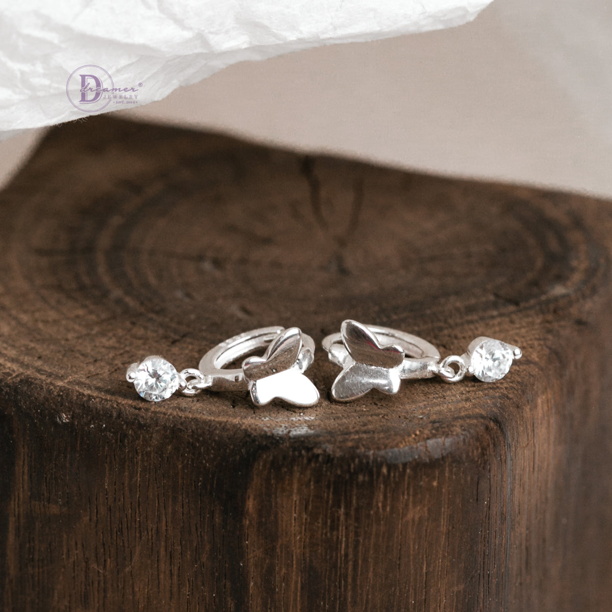 Bông Tai Khoen Bướm & 1 Viên Đá Tòn Ten - Butterfly Hoops Sterling Silver BT082