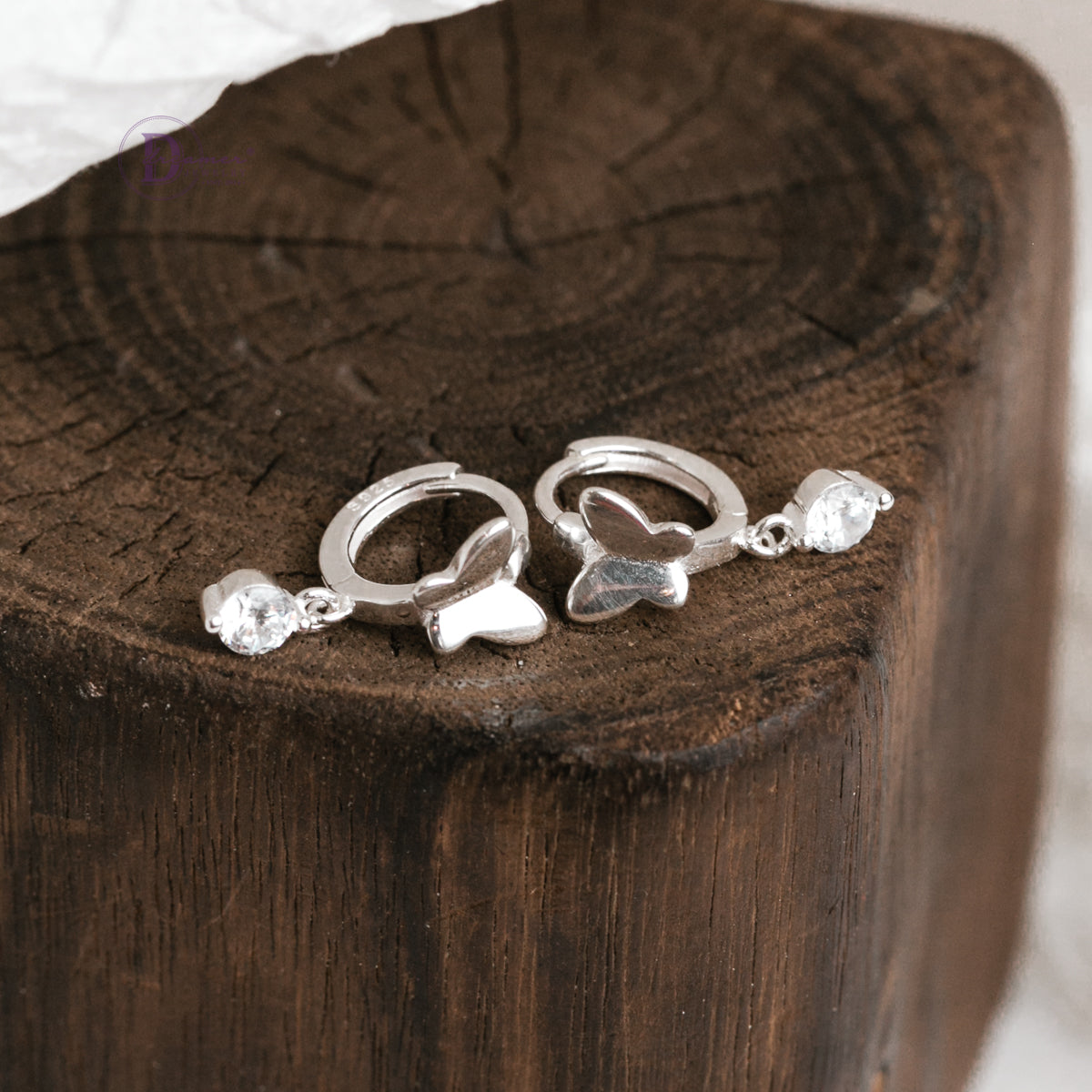 Bông Tai Khoen Bướm & 1 Viên Đá Tòn Ten - Butterfly Hoops Sterling Silver BT082