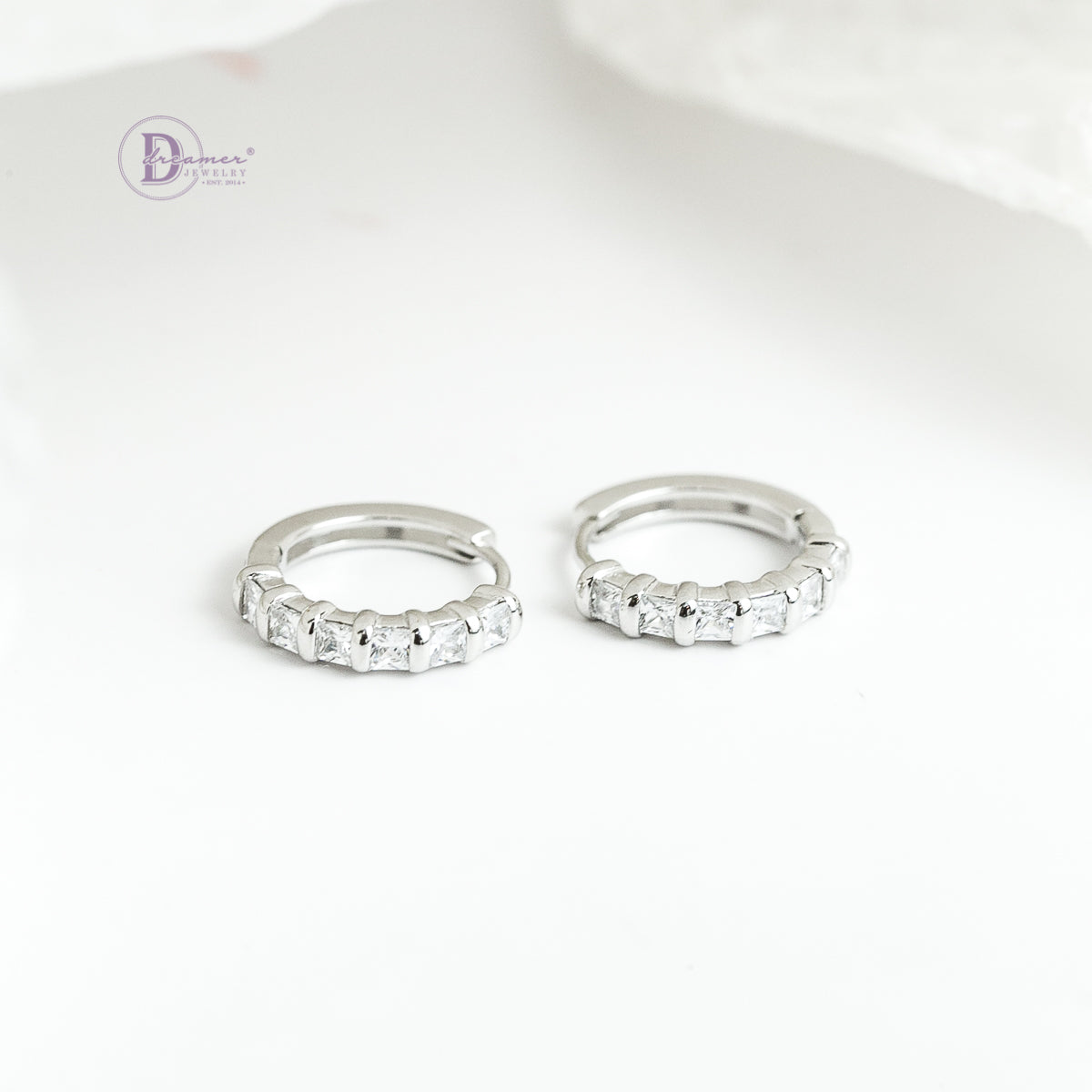 Bông Tai Khoen Tròn Đính 6 Viên Đá Bạc 925 Xi Vàng Trắng - Hoops Sterling Silver