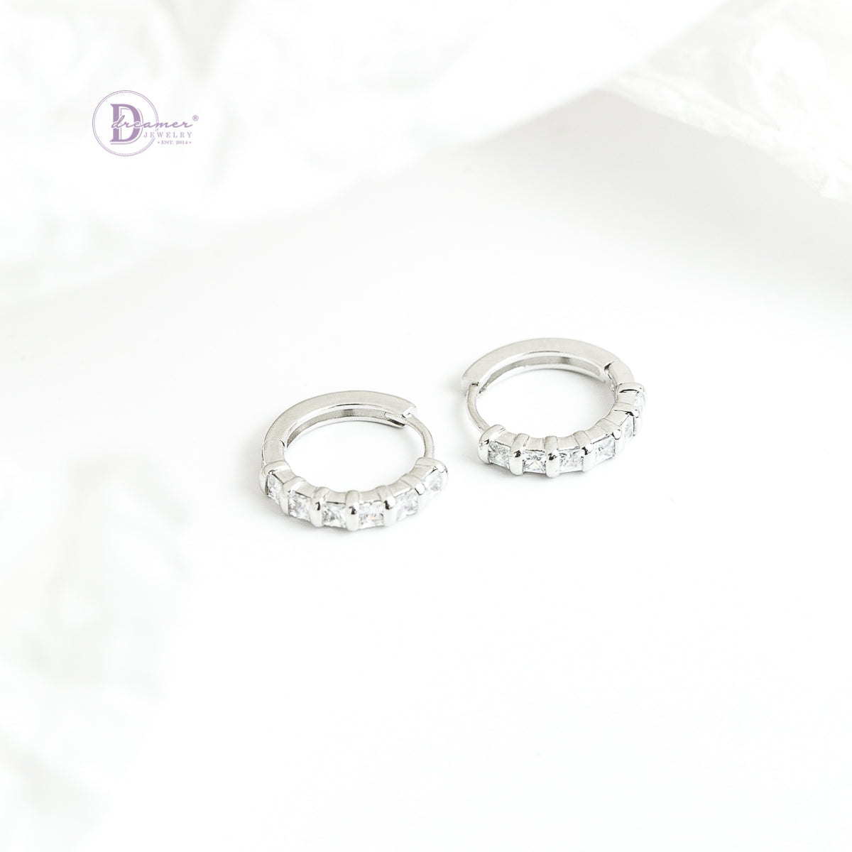 Bông Tai Khoen Tròn Đính 6 Viên Đá Bạc 925 Xi Vàng Trắng - Hoops Sterling Silver
