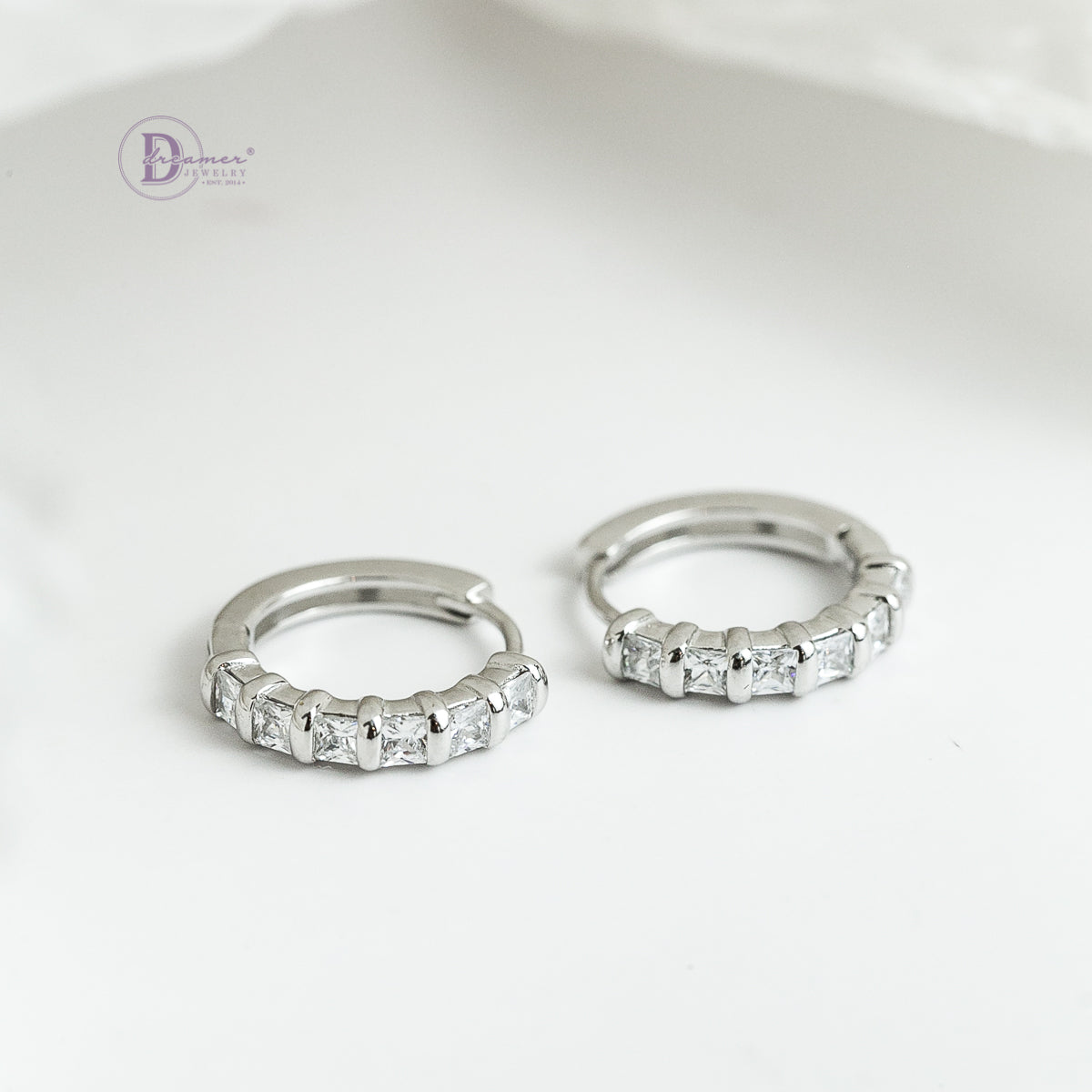 Bông Tai Khoen Tròn Đính 6 Viên Đá Bạc 925 Xi Vàng Trắng - Hoops Sterling Silver