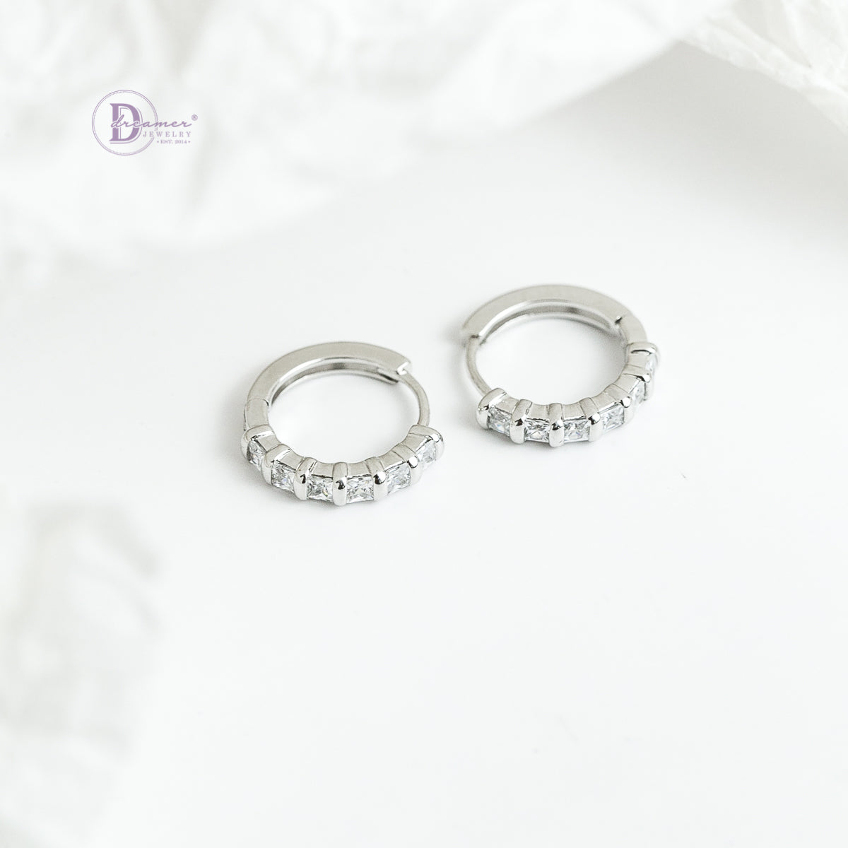Bông Tai Khoen Tròn Đính 6 Viên Đá Bạc 925 Xi Vàng Trắng - Hoops Sterling Silver