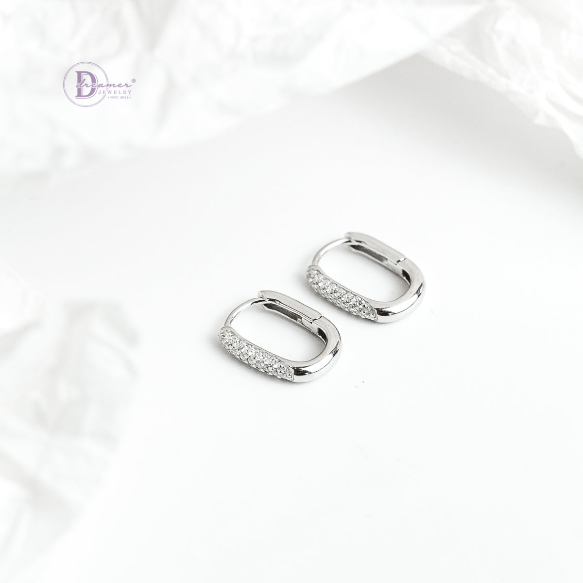 Bông Tai Khoen Oval Đính Đá Bạc 925 Xi Vàng Trắng - Oval Hoops Sterling Silver DBT003