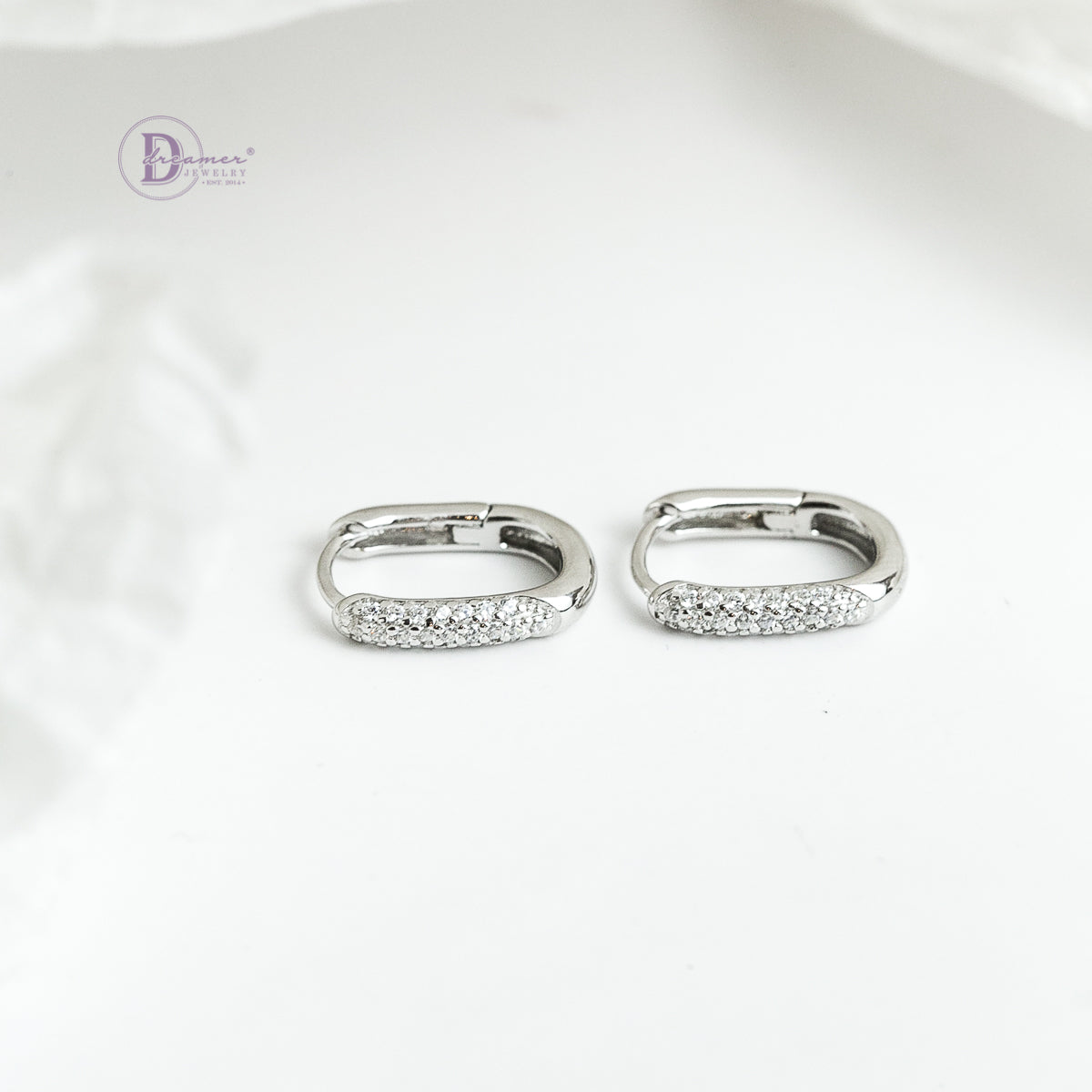 Bông Tai Khoen Oval Đính Đá Bạc 925 Xi Vàng Trắng - Oval Hoops Sterling Silver DBT003