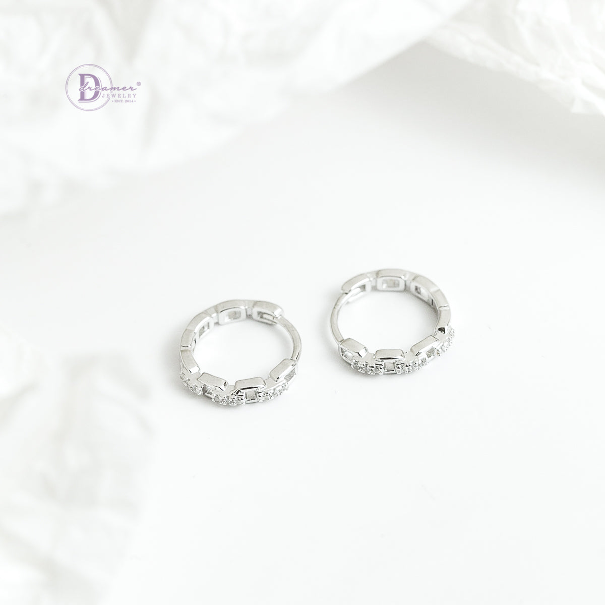 Bông Tai Khoen Xích Đính Đá Bạc 925 Xi Vàng Trắng - Hoops Sterling Silver DBT008