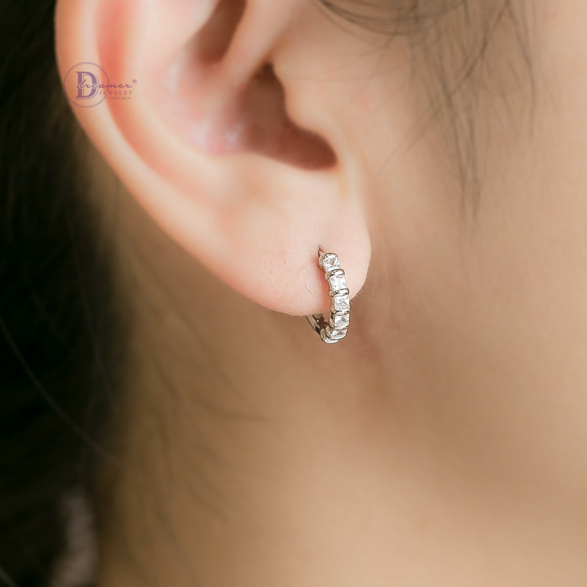 Bông Tai Khoen Tròn Đính 6 Viên Đá Bạc 925 Xi Vàng Trắng - Hoops Sterling Silver