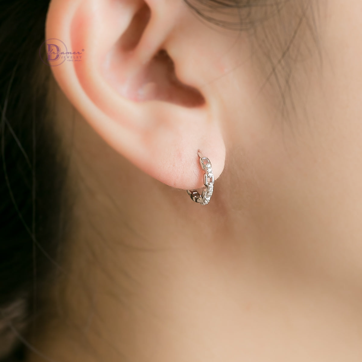 Bông Tai Khoen Xích Đính Đá Bạc 925 Xi Vàng Trắng - Hoops Sterling Silver DBT008