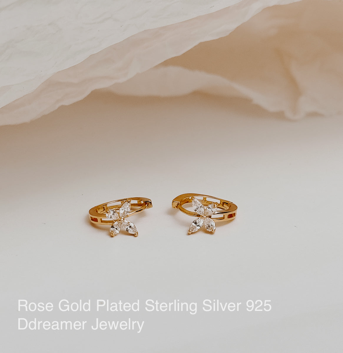 Butterfly Hoops Earrings Sterling Silver - White Gold & Rose Gold Plated - DBT033
