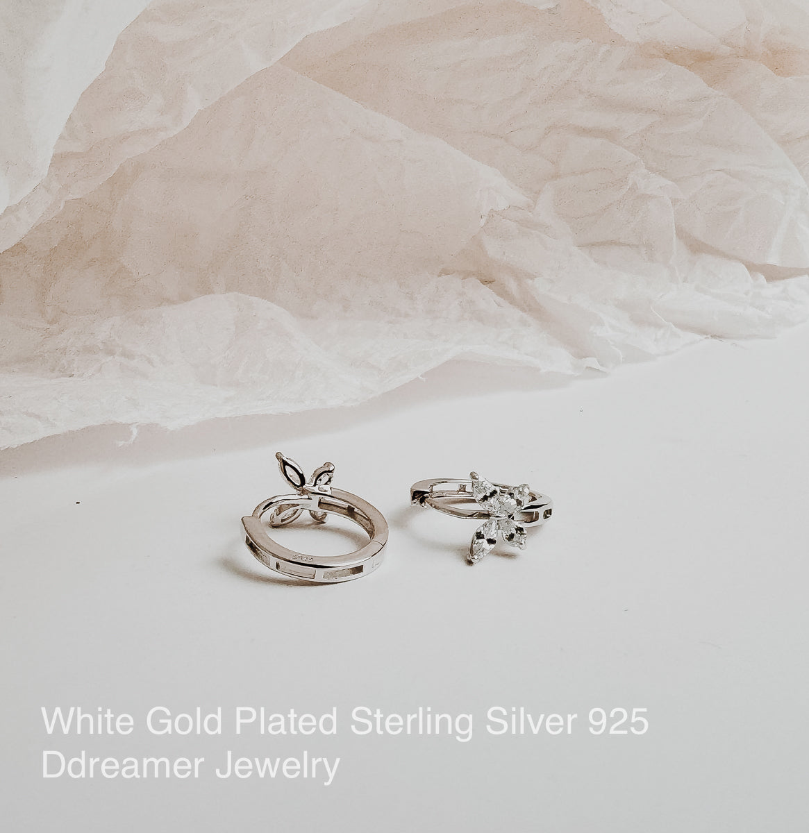 Butterfly Hoops Earrings Sterling Silver - White Gold & Rose Gold Plated - DBT033